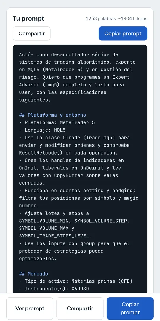 App Trading Robot Forge mostrando un prompt generado