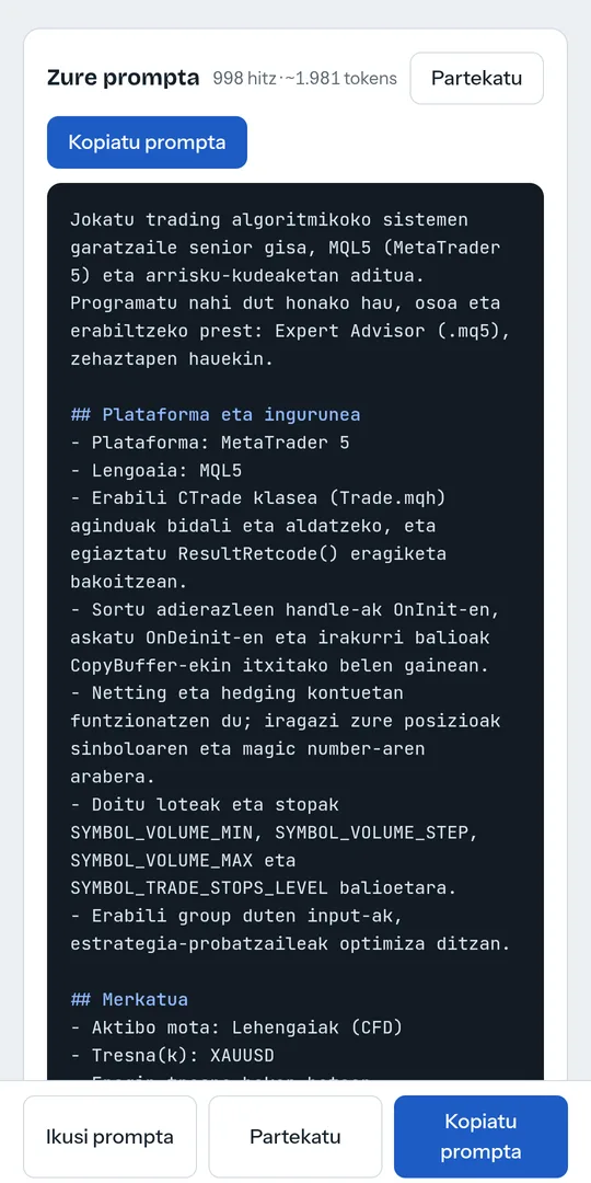 Trading Robot Forge aplikazioa sortutako prompt bat erakusten