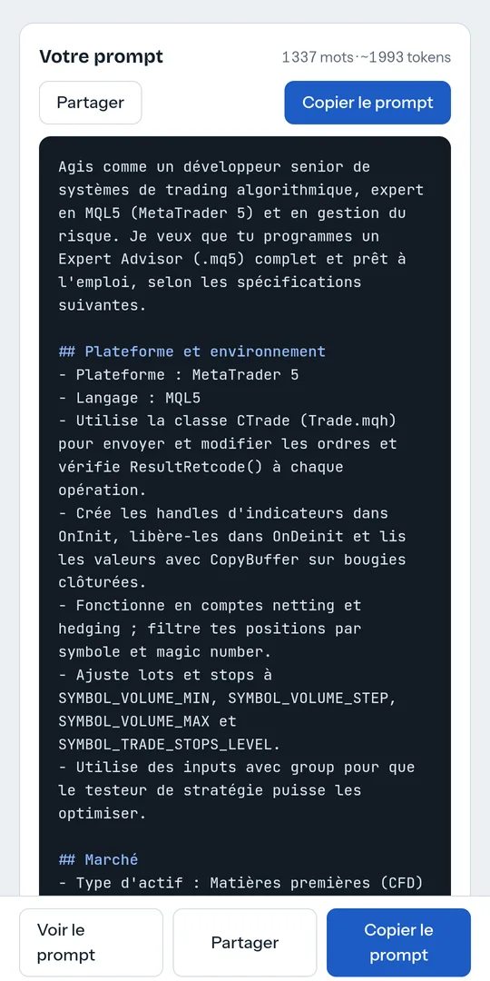Application Trading Robot Forge affichant un prompt généré