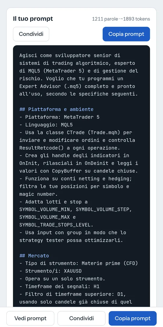 App Trading Robot Forge che mostra un prompt generato