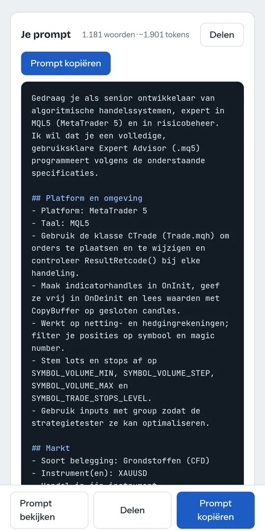 Trading Robot Forge-app met een gegenereerde prompt