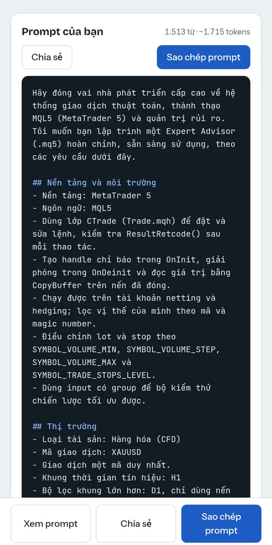 Ứng dụng Trading Robot Forge hiển thị một prompt đã tạo